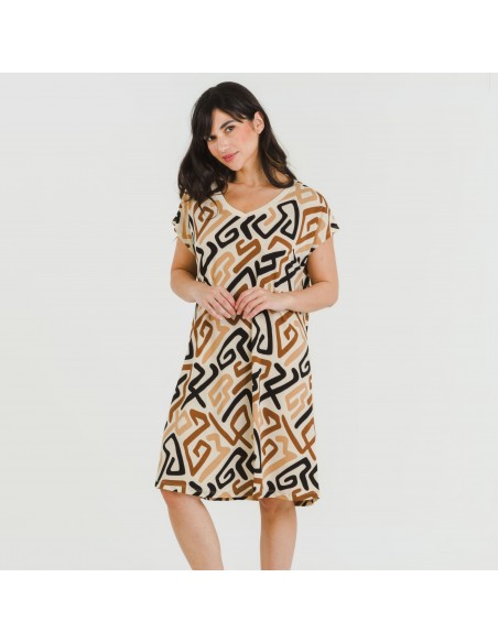 Vestido corto manga fluida crepe Domeka marrón - negro