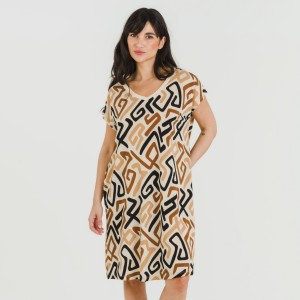 Vestido corto manga fluida crepe Domeka marrón - negro 2