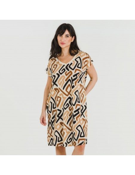 Vestido corto manga fluida crepe Domeka marrón - negro