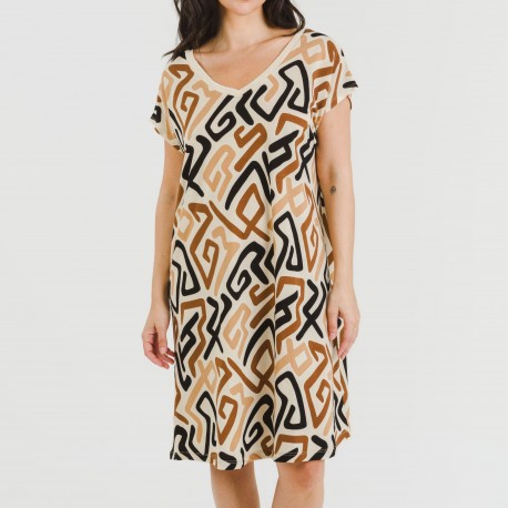 Vestido corto manga fluida crepe Domeka marrón - negro