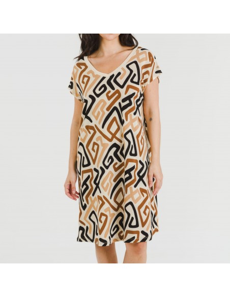 Vestido corto manga fluida crepe Domeka marrón - negro