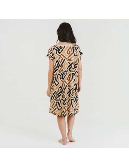 Vestido corto manga fluida crepe Domeka marrón - negro