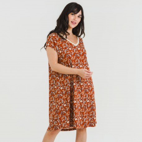 Vestido corto manga fluida crepe Premisa teja