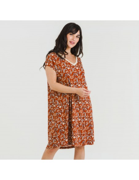 Vestido corto manga fluida crepe Premisa teja