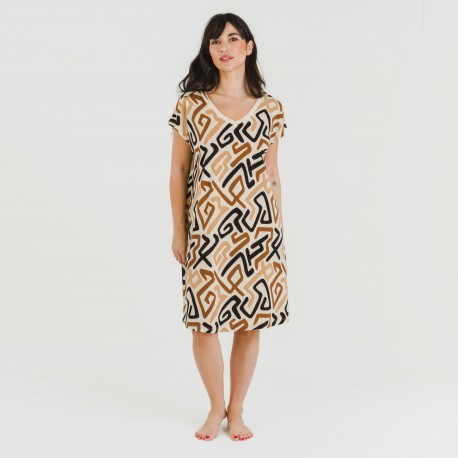 Vestido corto manga fluida crepe Domeka marrón - negro