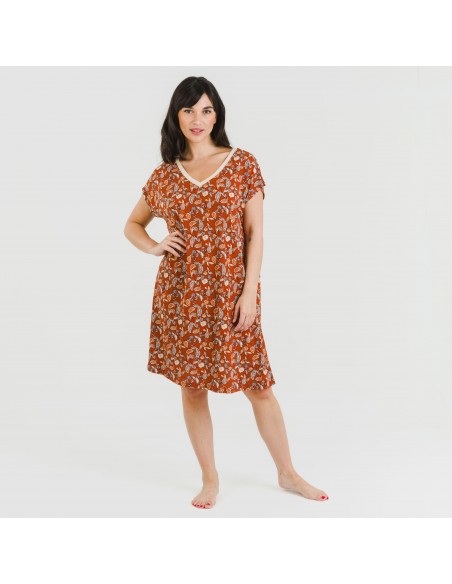 Vestido corto manga fluida crepe Premisa teja