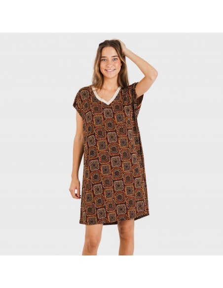 Vestido corto manga fluida crepe Liviana teja