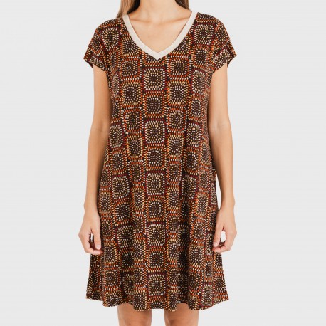 Vestido corto manga fluida crepe Liviana teja