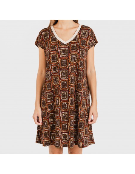 Vestido corto manga fluida crepe Liviana teja