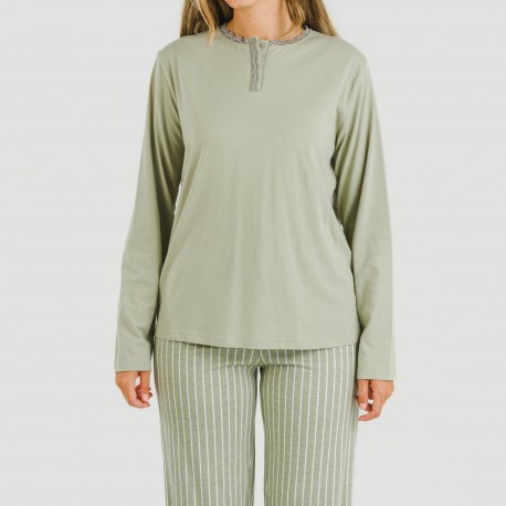 Pijama largo algodón Raya Beatrice verde caceria