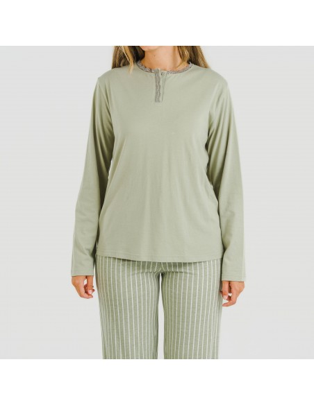 Pijama largo algodón Raya Beatrice verde caceria