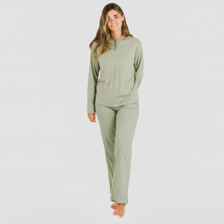 Pijama largo algodón Raya Beatrice verde caceria