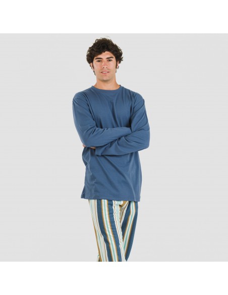Pijama largo algodón hombre Raya Cap azul