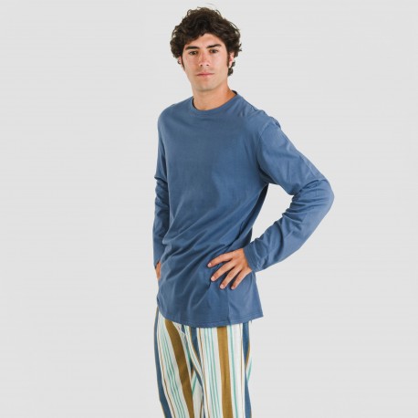 Pijama largo algodón hombre Raya Cap azul
