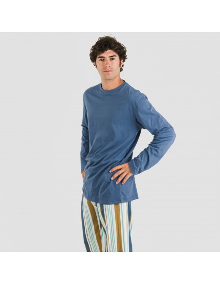 Pijama largo algodón hombre Raya Cap azul