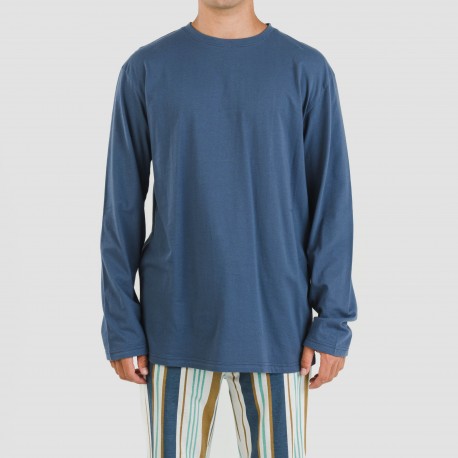 Pijama largo algodón hombre Raya Cap azul