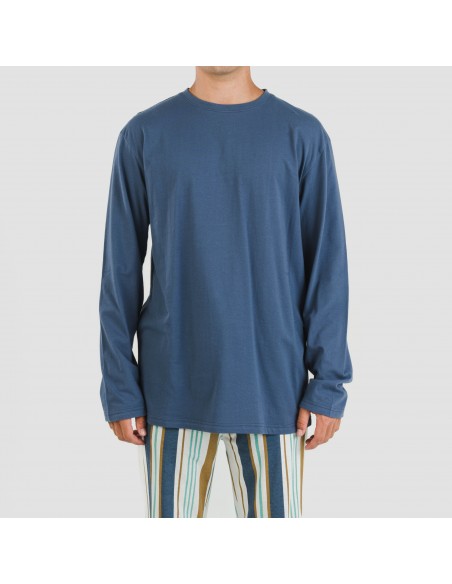 Pijama largo algodón hombre Raya Cap azul