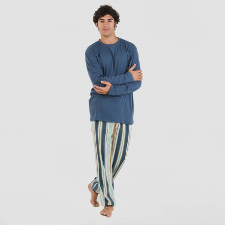 Pijama largo algodón hombre Raya Cap azul