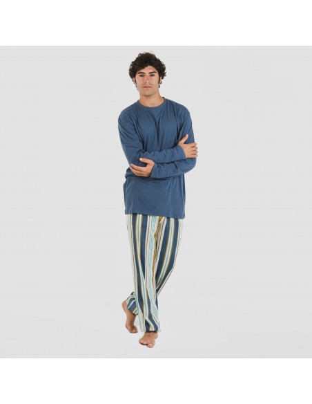Pijama largo algodón hombre Raya Cap azul