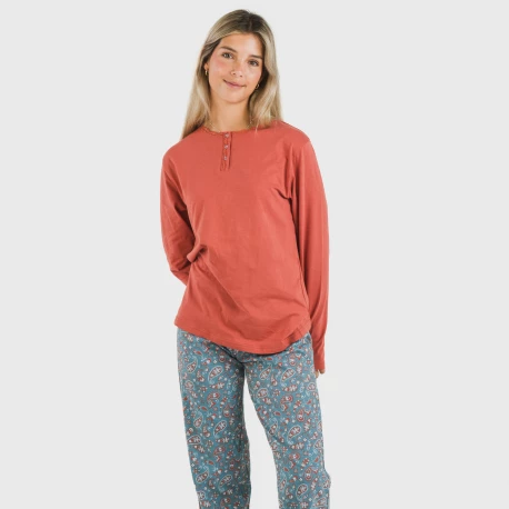 Pijama largo algodón Campiña teja