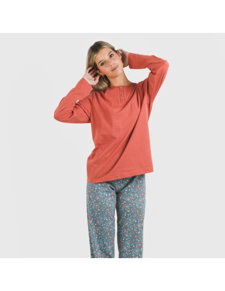 Pijama largo algodón Campiña teja