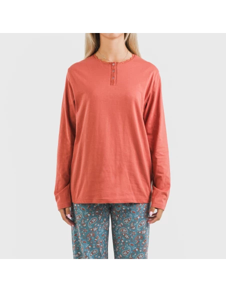 Pijama largo algodón Campiña teja