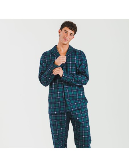 Pijama franela con solapa hombre Cuadro Ruz verde
