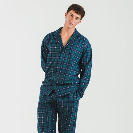 Pijama franela con solapa hombre Cuadro Ruz verde