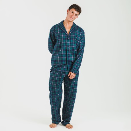 Pijama franela con solapa hombre Cuadro Ruz verde