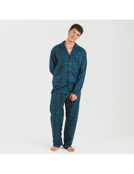 Pijama franela con solapa hombre Cuadro Ruz verde