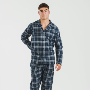 Pijama franela con solapa hombre Cuadro Brais azul
