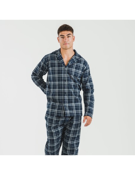 Pijama franela con solapa hombre Cuadro Brais azul