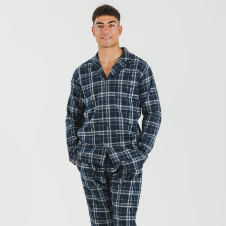 Pijama franela con solapa hombre Cuadro Brais azul