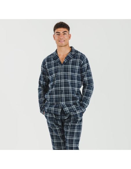 Pijama franela con solapa hombre Cuadro Brais azul