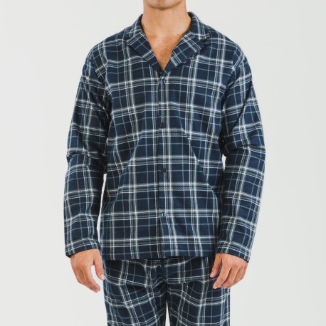 Pijama franela con solapa hombre Cuadro Brais azul