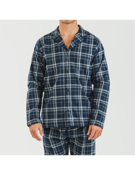 Pijama franela con solapa hombre Cuadro Brais azul