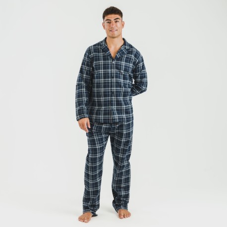 Pijama franela con solapa hombre Cuadro Brais azul