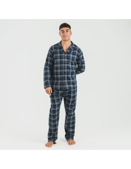 Pijama franela con solapa hombre Cuadro Brais azul