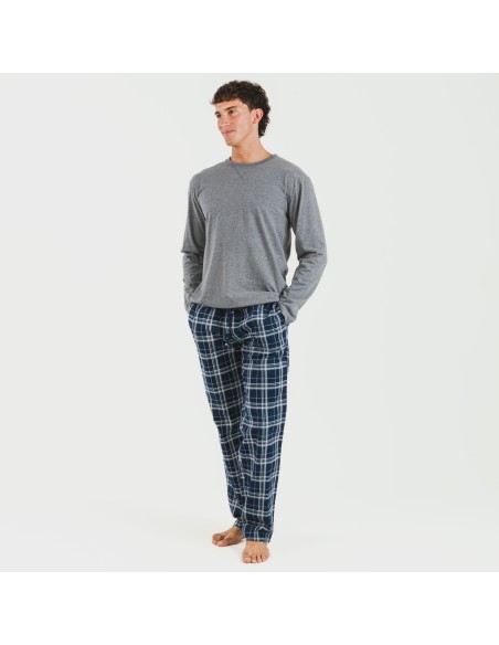 Pijama hombre franela Cuadro Brais gris mezcliyado