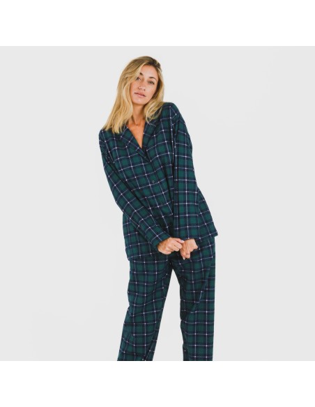 Pijama franela con solapa mujer Cuadro Ruz verde