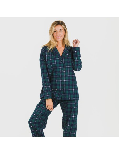 Pijama franela con solapa mujer Cuadro Ruz verde