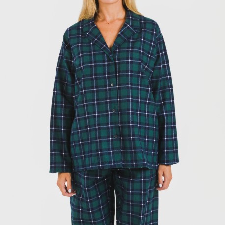 Pijama franela con solapa mujer Cuadro Ruz verde