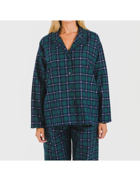 Pijama franela con solapa mujer Cuadro Ruz verde