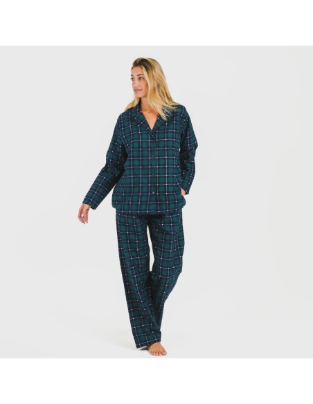 Pijama franela con solapa mujer Cuadro Ruz verde