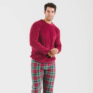 Pijama coral hombre Cuadro Aros burdeos 2