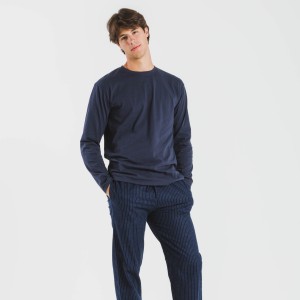 Pijama hombre franela Raya Derek azul marino