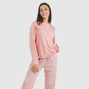 Pijama largo algodón Cuadro Vichy rosa