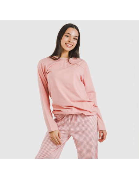 Pijama largo algodón Cuadro Vichy rosa