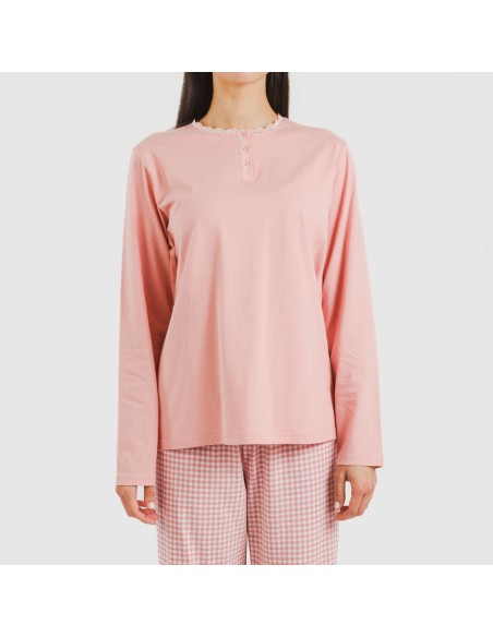 Pijama largo algodón Cuadro Vichy rosa