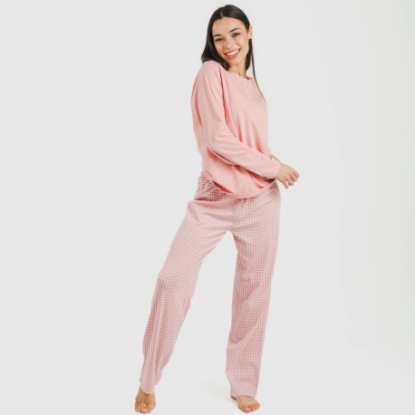 Pijama largo algodón Cuadro Vichy rosa